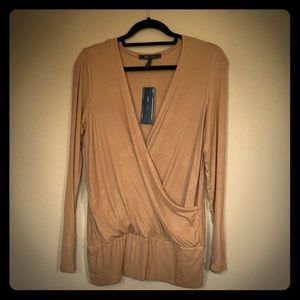 BCBG MAXAZRIA Ribbed V Neck Faux Wrap Long Sleeve
